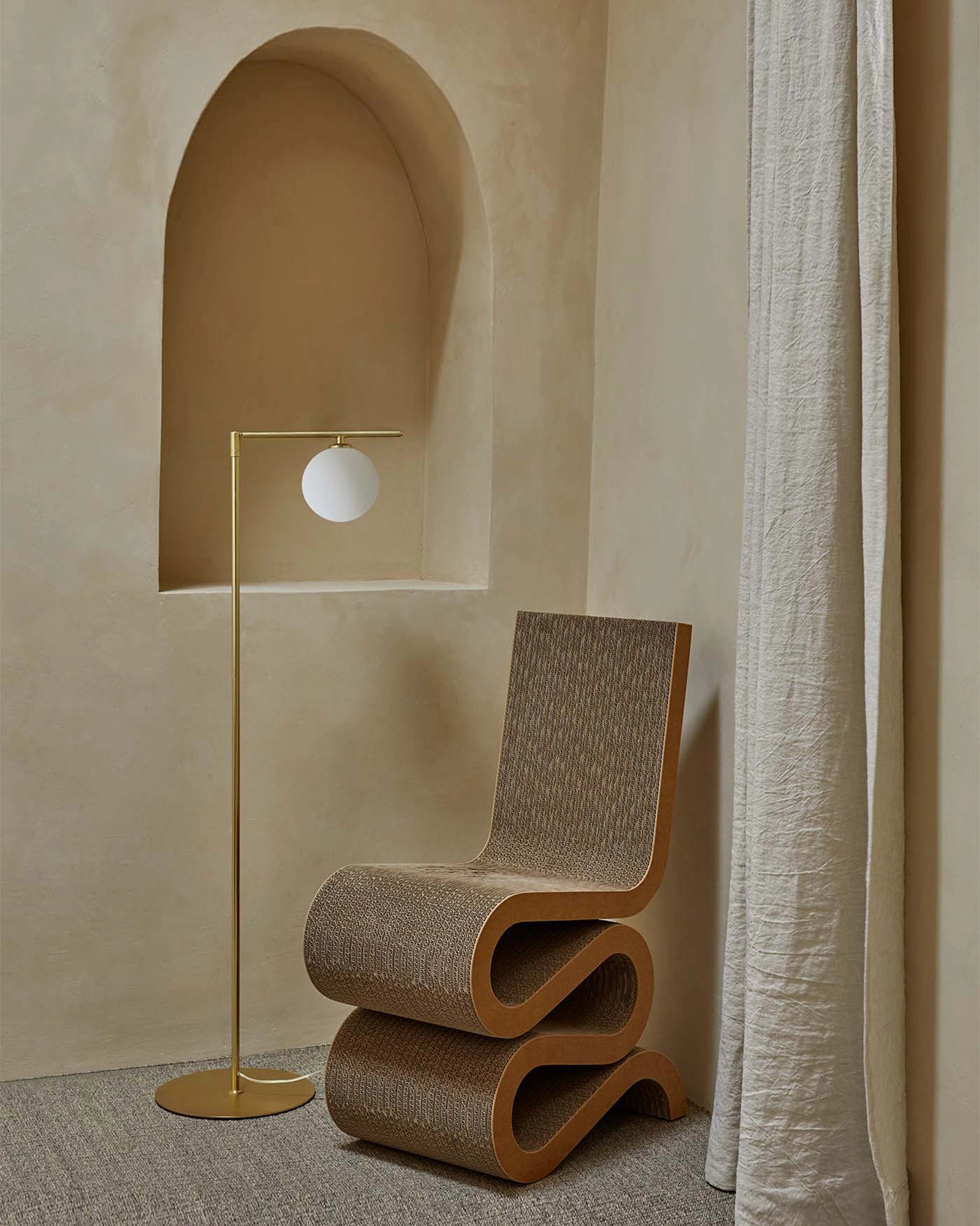 Endo Floor Lamp, minimalistic Scandinavian white orb opal shade in lounge area